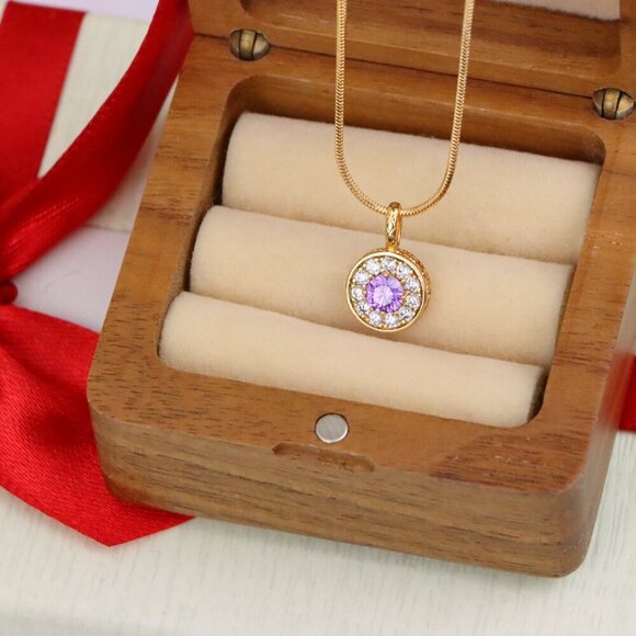 "Round Purple Crystal Pendant in Rose Gold with Halo, XPPT1590 - Picture 7 of 13